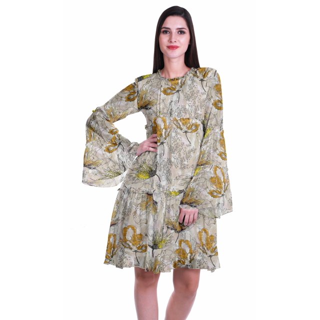 Moomaya Womens Long Sleeve Printed Knee Length Dress Flared Flowy Summer Dress