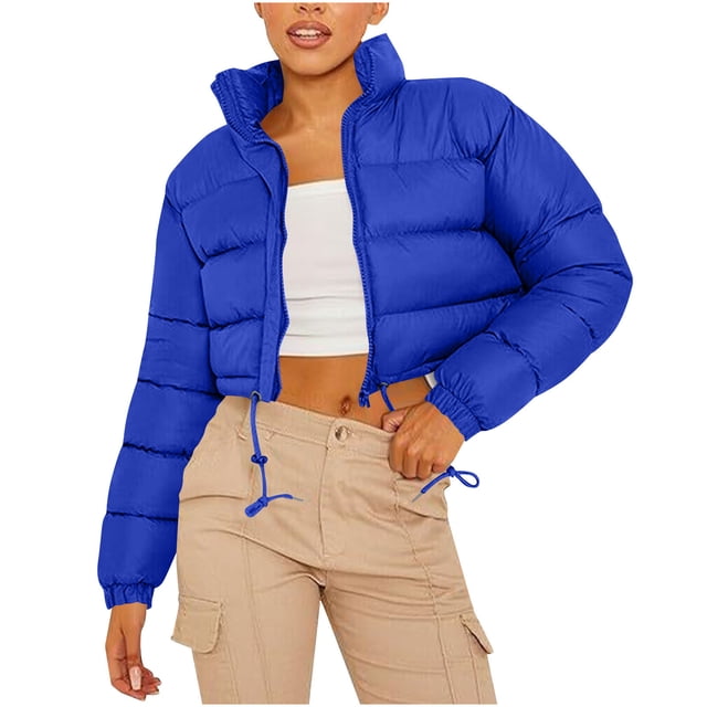 hoksml Women's Cropped Puffer Jacket with Drawstring Hem, Stand Collar Boxy Zip Front Casual Streetwear Short Jacket