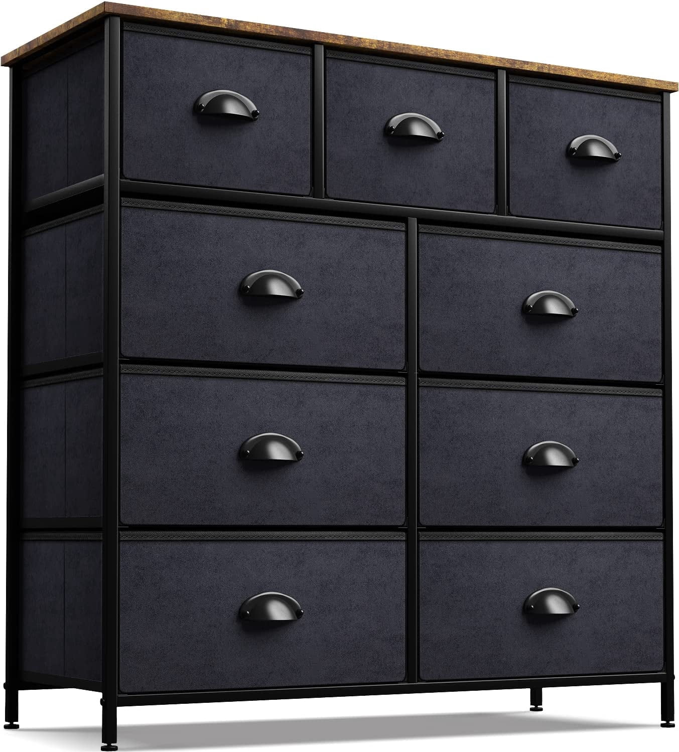 Sorbus Dressers for Bedroom, Chest of Drawers for Bedroom, Kids Dresser, Closet Organization - Hallway, Office - Steel Iron Frame, Rustic Farmhouse Wood Top, 9 Drawers - Fabric Bins