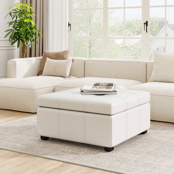MODERNLUXE 34.25" Large Square Ottoman with Storage,Upholstered PU Leather Ottoman Coffee Table for Living Room Bedroom,Beige