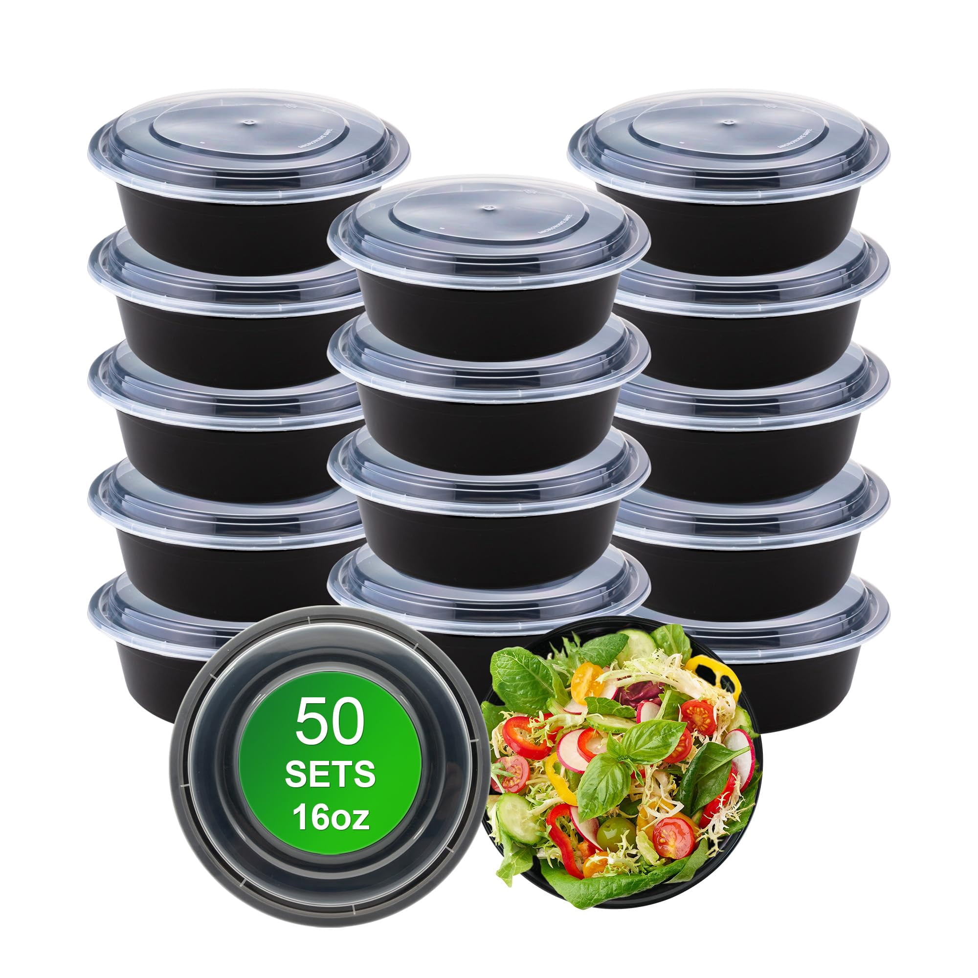 APSIC Round Meal Prep Containers with Lids, 50 Pack 38oz (100-Piece) Disposable Leakproof Take Out Food Storage Containers, Plastic To Go Lunch Boxes, BPA Free, Microwave/Dishwasher/Freezer Safe