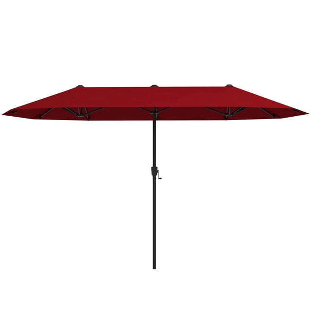 Costway Parasol de Patio Grand de 13 Pi de Couleur Rouge Vin avec Conception Double Face, Offrant une Couverture d'Ombre expansive. le Parasol Présente un Auvent en Tissu polyester durable de 180 G/m2, Soutenu par 12 Nervures Robustes et un Poteau en Métal Enduit de Poudre pour la Stabilité. Il Comprend une Manivelle pour une Ouverture et une Fermeture Faciles, et un Poteau à 2 Sections pour un Assemblage simple. Idéal pour les Contextes Extérieurs comme les patios, les Jardins et les Zones au Bord de la Piscine.