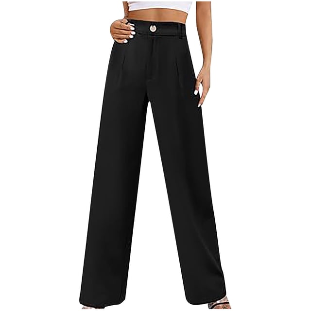 Diufon Women's High Waisted Pants in solid black color, featuring a wide leg design, button closure, and straight trousers with pockets. Perfect for business or casual wear, these lightweight and breathable pants pair well with tops like cropped tees, blouses, or vests. Suitable for daily wear, shopping, or outdoor activities.