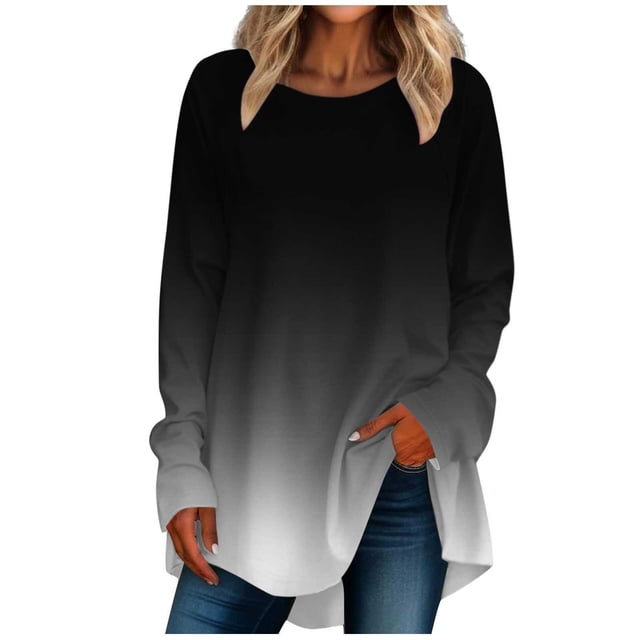 FAIWAD Women's Long Sleeve Tunic Tops Gradient Round Neck Trendy Spring Casual Pullover Tops