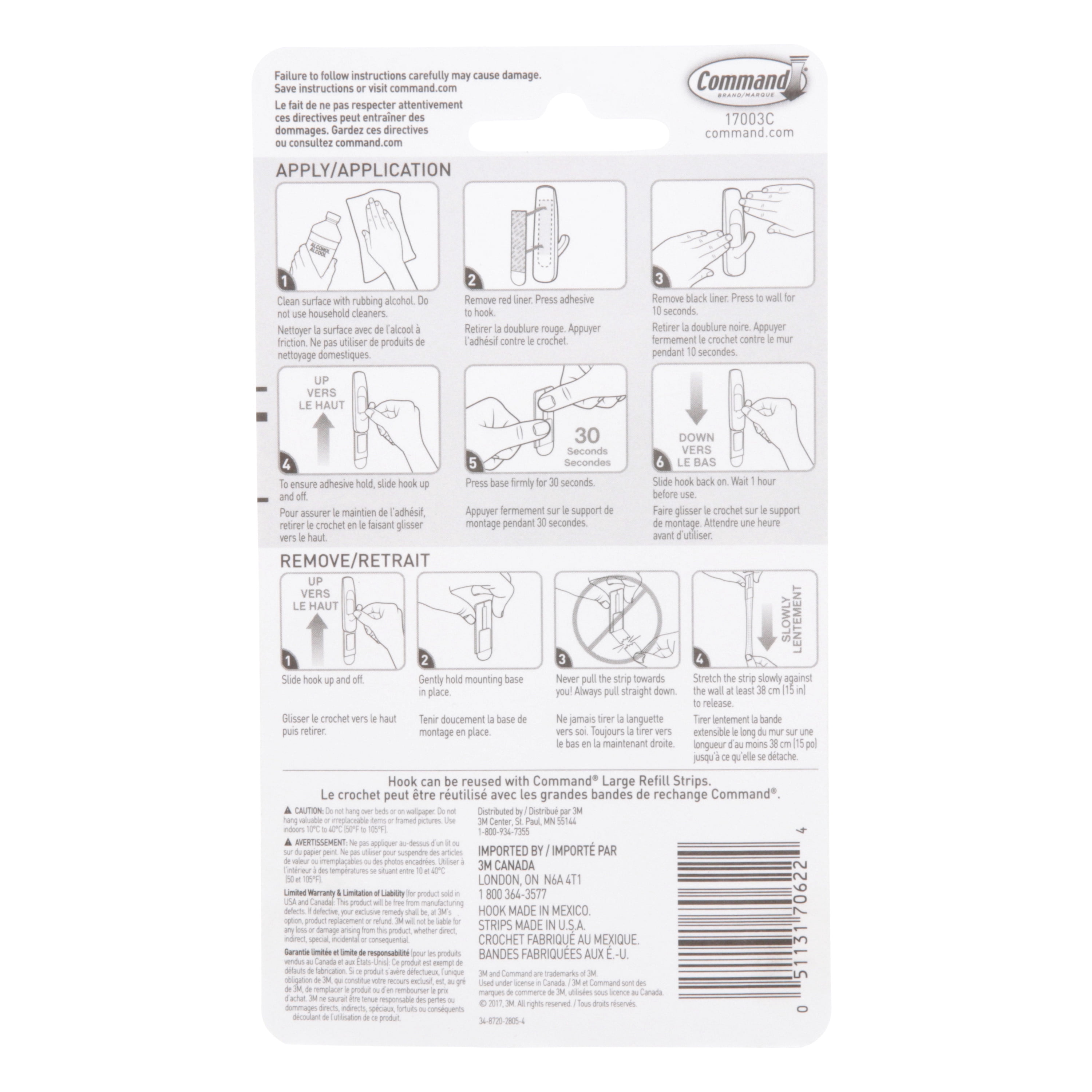Crochets utilitaires Command, grands, blancs, supportent 2,3 kg (5 lb), 1 crochet, 2 bandes adhésives