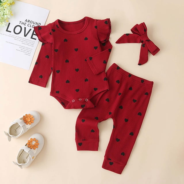 DPTALR Toddler Baby Kids Girls Heart Print Ruffle Romper Pants Headband Clothes Suit