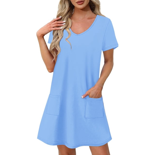 Liquidation d'Été 2025! Robe Grande Taille pour Femmes, Liquidation de Robe d'Été pour Femmes, Mode Féminine d'Été Couleur Unie Manches Courtes Col en V Robe Décontractée