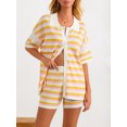 thumbnail image 4 of FOCUSNORM Women Pajamas Set 2 Pieces Loungewear Suits Stripe Contrast Color Button Crochet Knit Tops and Shorts Lounge Sets, 4 of 9