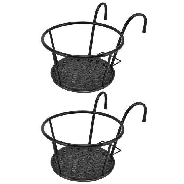 Hanging Railing Plant Holder, set of 2 black iron hanging planters with round basket design and anti-rust coating. Features sturdy construction, artistic shape, and hooks for easy attachment to balcony fences, deck railings, or porch railings. Ideal for outdoor flower pot placement, metal hanging baskets, and garden decor.