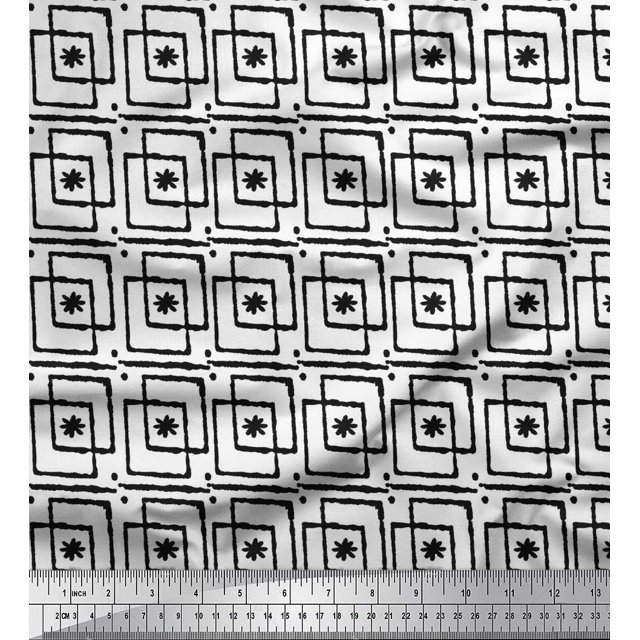 Soimoi Polyester Crepe Fabric Square & Floral Block Printed Craft Fabric by The Yard 42 Inch Wide