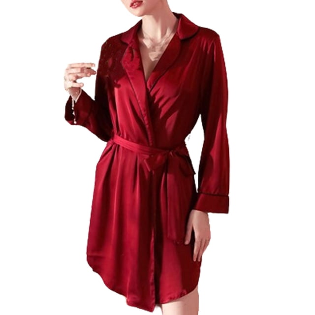 Timegard Robe de Nuit pour Femmes à Manches Longues, Col à Revers, Col en V, Chemises de Nuit Confortables, Taille Ceinturée, Pyjama Mini Décontracté