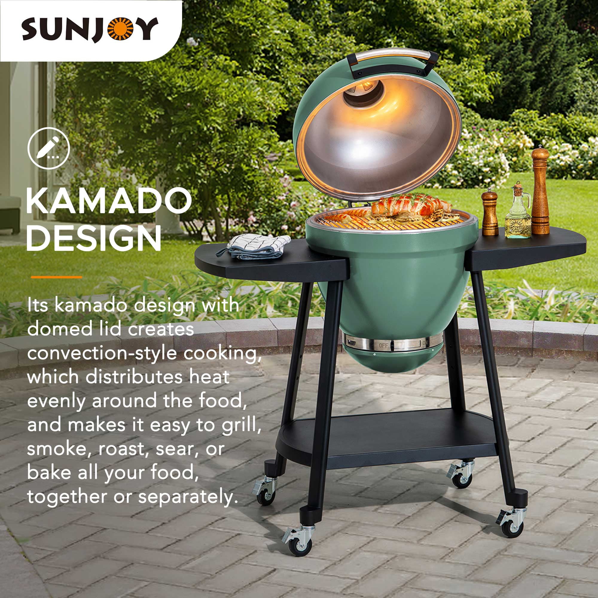 Sunjoy Barbecue au charbon Kamado 20 po – Gril extérieur de style œuf avec pierre à pizza, fonction fumoir, barbecue tout-en-un avec roues