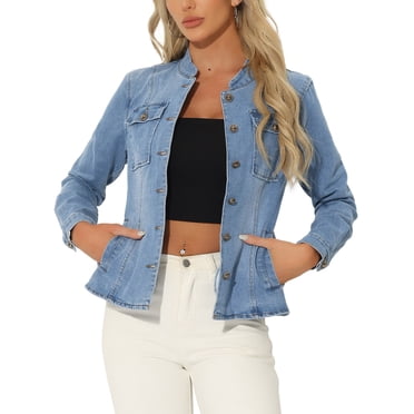 INSPIRE CHIC Vestes en Denim Courtes à Col Montant et Manches Longues pour Femmes, Bleu Pâle, Taille M