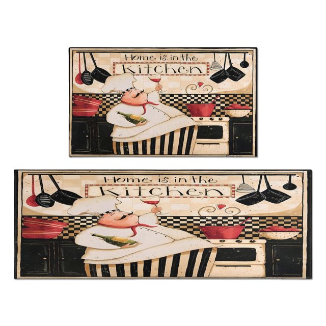Coffee Vintage Chef Kitchen Pattern Kitchen Mats Set Of 2,Kitchen Rugs Mats with Dirty Resistance,washable,Non-Slip,kitchen Mats 17.7x24+17.7x48inch