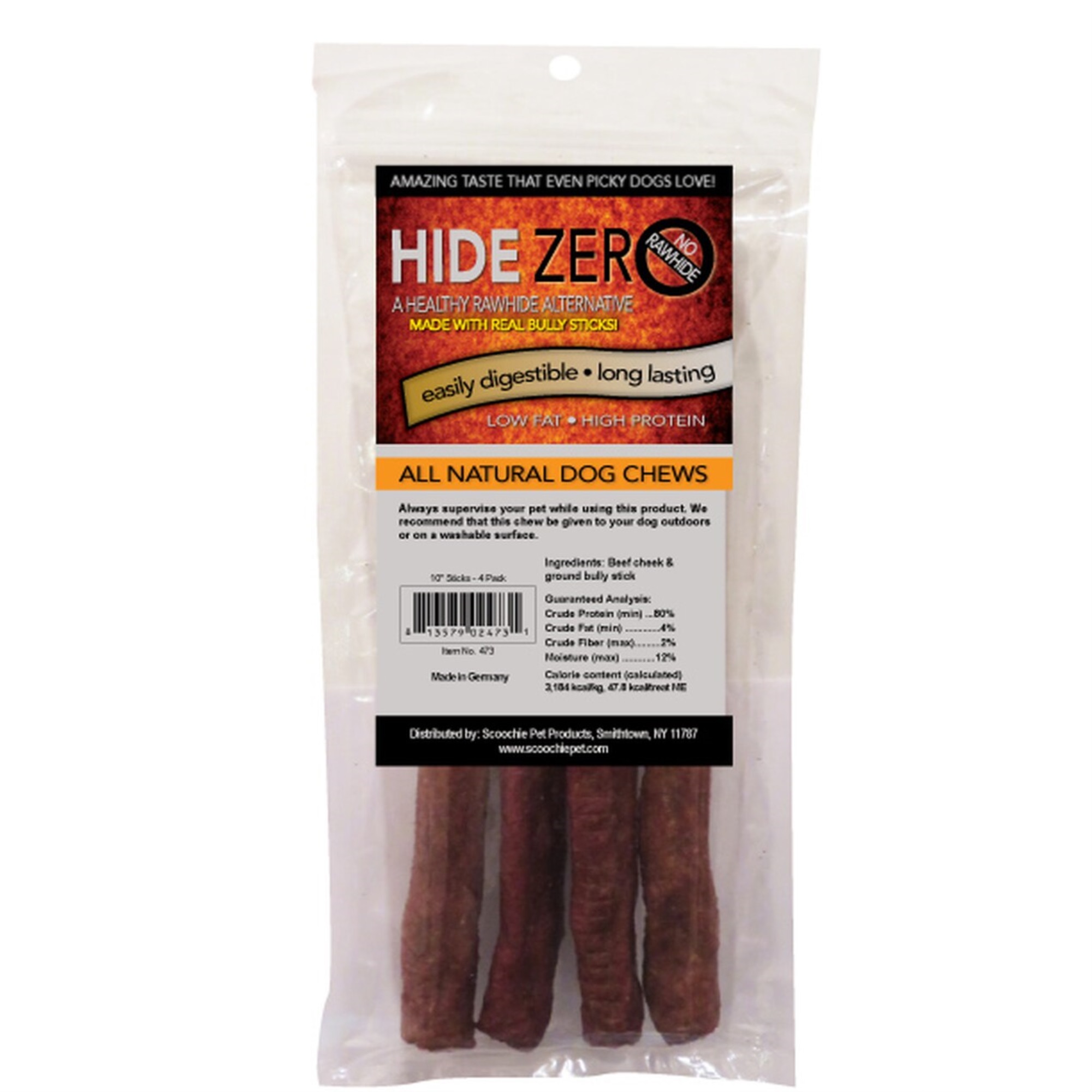 Hide Zero 10 Inch 4 Pack Bully Flavored Rawhide Alternative Chew in Zip Lock Bag