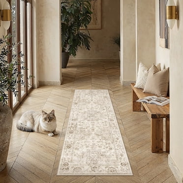 BERTHMEER 2'x6' Washable Runner Rugs for Hallways Bathroom Bedroom Entryway Kitchen Non Slip Beige Vintage Oriental Traditional Distressed Runner Rugs