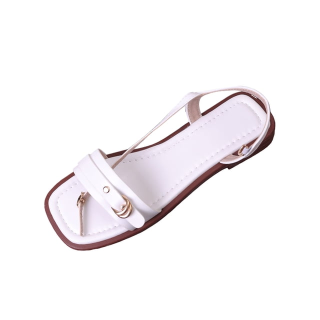 White Womens Flat Sandals Square Open Toe Single Adjustable Buckle Soft Lightweight Structure For Daily Outdoor Leisure And Long Time Comfort Wearing