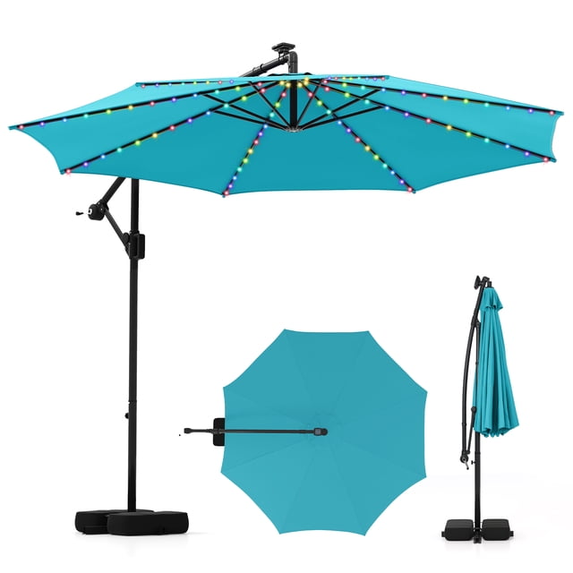Costway 10 FT Solar Offset Hanging Umbrella with 96 Solar Multi-colored Flowing LED Lights Turquoise