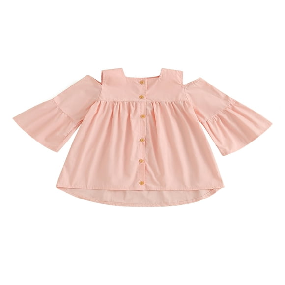 Toddler Kids Girls Casual Buttons Cold Shoulder Flare Long Sleeve Dress Cute Princess Dress