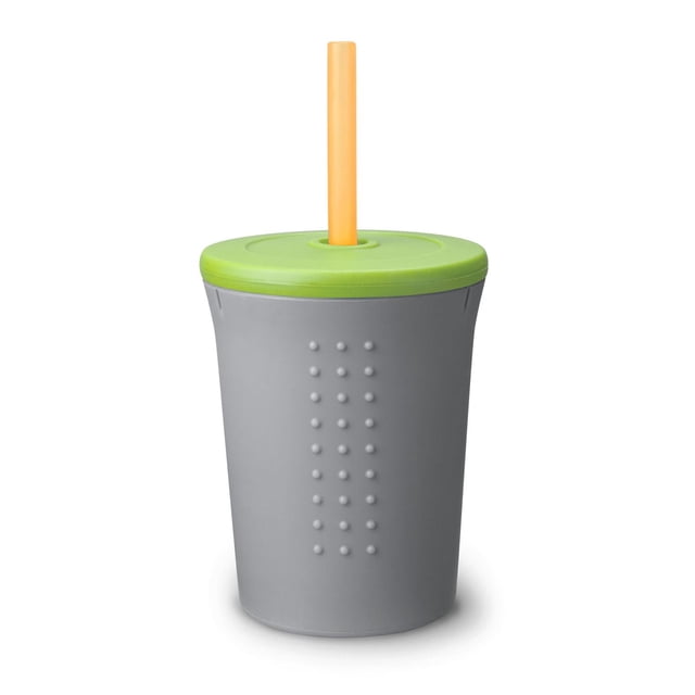 GoSili Straw Cup, 12oz, grey silicone cup with lime green lid and orange straw, featuring a patented embedded stainless-steel ring to prevent collapsing, reusable and microwave safe, ideal for toddler straw sippy cups and sustainable feeding solutions.