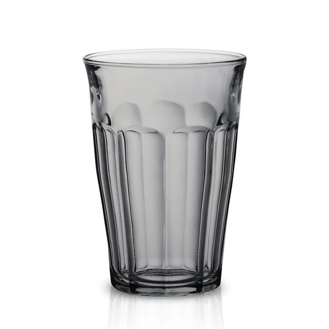 Duralex Picardie Grey Glass Tumbler, 360 ml, clear grey tempered glass with vertical faceted sides and flared rim, shock resistant and stackable, ideal for kitchenware and beverage storage containers.