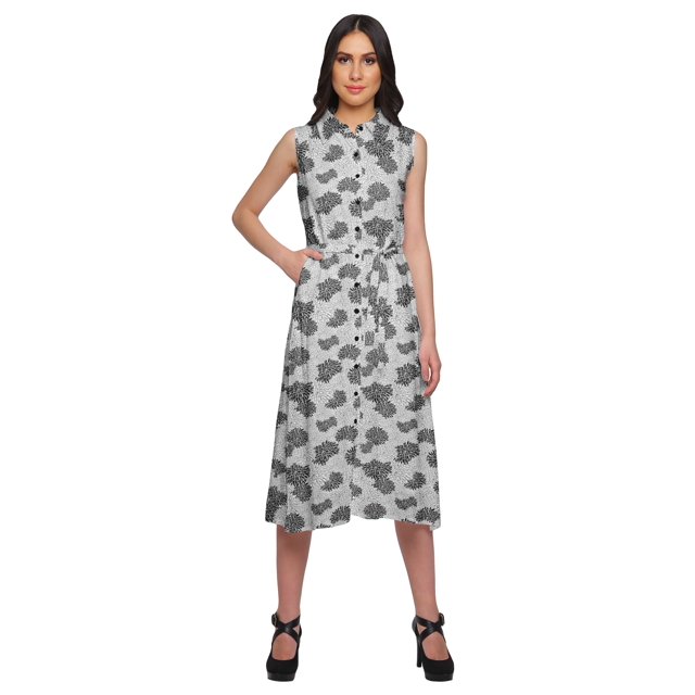 Moomaya Printed Button Down Sleeveless Kurti Dress With Pocket Casual Work Shirt