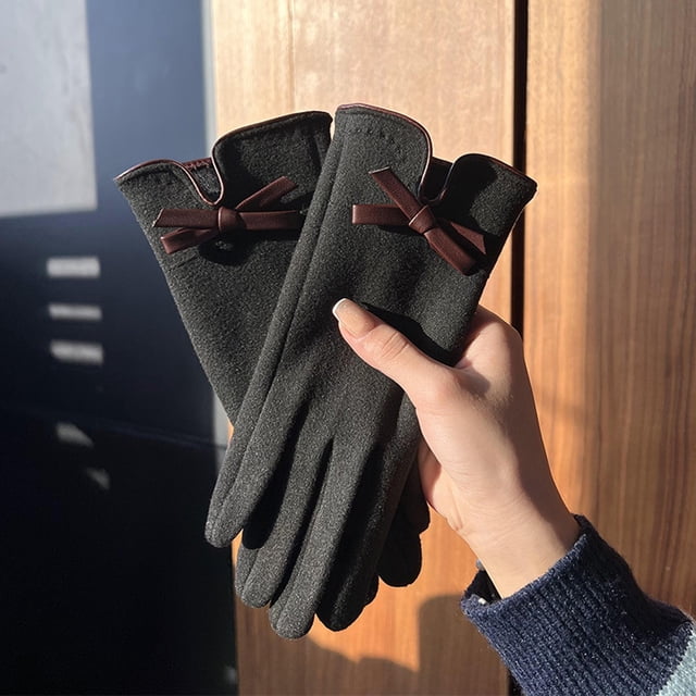Ladies' De Rong Warm Gloves with Bows Suitable for Cycling To Work with Extra Fleece Thickened and Windproof for Cycling