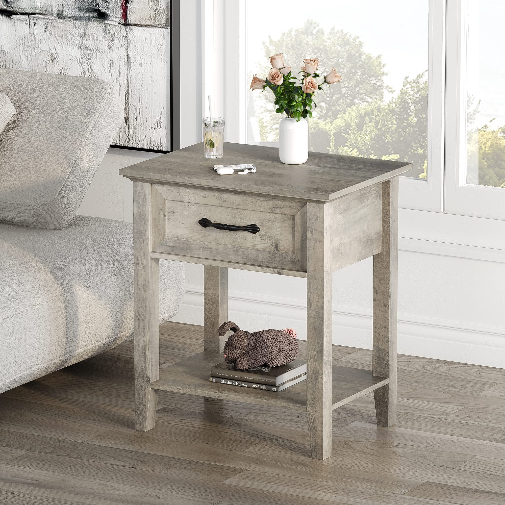 BeesClover Bedside Table, Farmhouse Nightstand with Storage Drawer & Open Shelf, Wood Sofa Side End Table, Small Bedside Cabinet for Small Space, Bedroom
