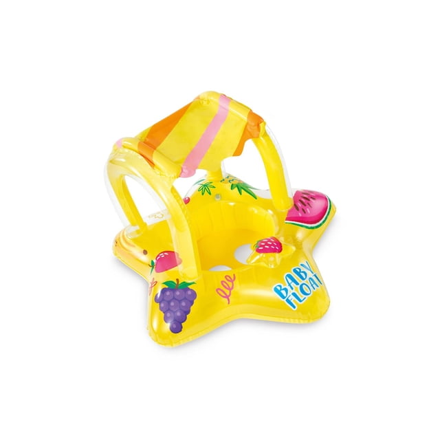 Intex Yellow Kiddie Inflatable Pool Float with Sunshade front-facing toddler ring float with built-in inflatable sunshade, two air chambers and smooth leg holes; deflated size approx. 32in x 31in (81cm x 79cm), max weight 33 lb (15 kg), for ages 1–2, one float. Often used for supervised pool play.