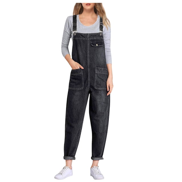 Timegard Overalls for Women Plus Size Loose Denim Jumpsuit Stretch Classic Jean Rompers with Pockets