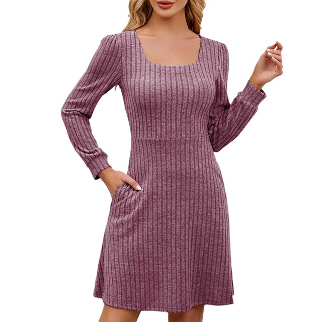 TJAZFJPA Robes d'Été pour Femmes Robe Pull en Tricot avec Poches Col Carré Manches Longues Robes de Soirée Robes de Vacances pour Femmes