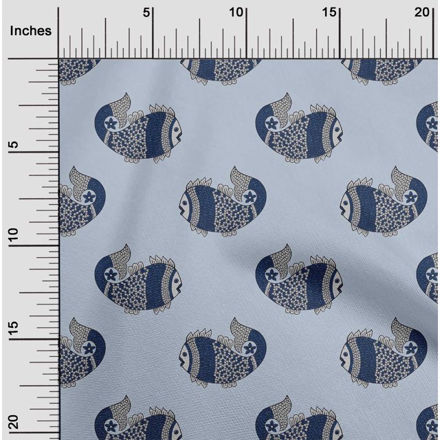 oneOone Organic Cotton Voile Fabric Fish Block Printed Craft Fabric BTY 42 Inch Wide