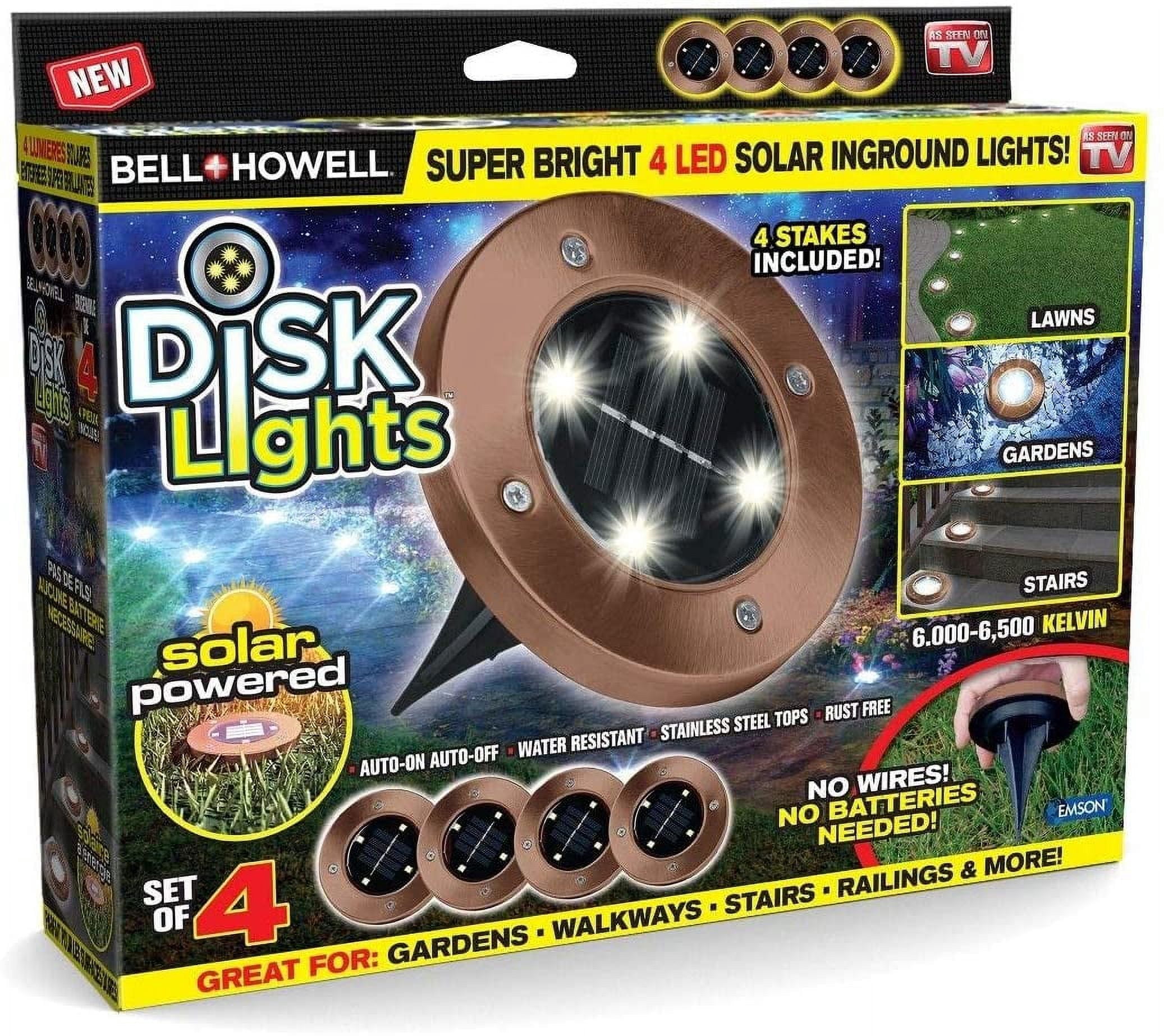 Bell + Howell Disk Lights Bronze - Heavy Duty Outdoor Solar Pathway Lights, 4 LED, Waterproof, Auto On/Off, 4 Pack