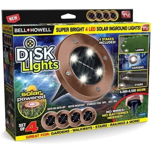 Bell + Howell Lumières de disque Bronze - Lumières de trajectoire solaire extérieures de grande puissance, 4 LED, Étanche, marche/arrêt automatique, paquet de 4