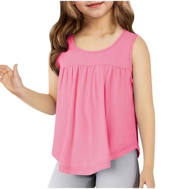 Débardeurs Unis à Ourlet Volanté pour Filles, Hauts Sans Manches à Col Rond pour Enfants, 4-14 Ans, T-Shirts Décontractés