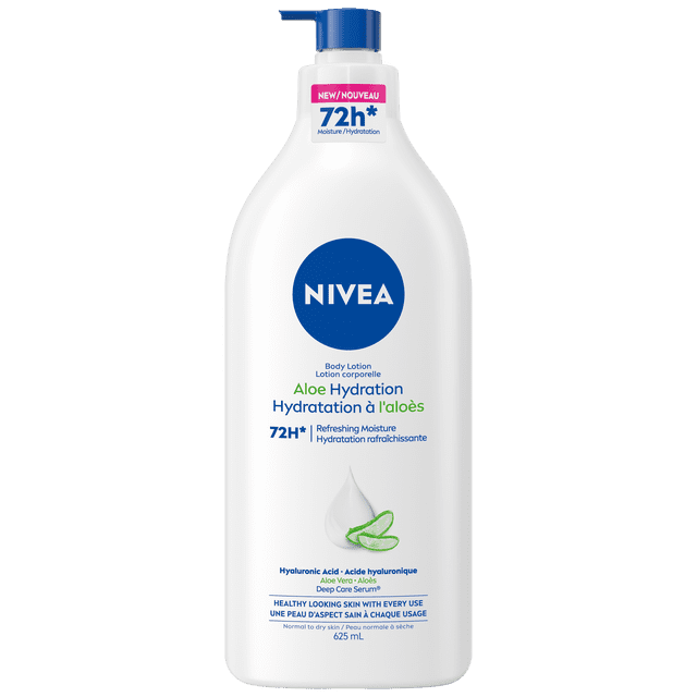 NIVEA Aloe Hydration Lotion pour le Corps pour Peau Sèche avec Acide Hyaluronique et Aloe Vera, Bouteille à Pompe Blanche de 625 ml avec Bouchon Bleu, Offrant une Hydratation de 72 Heures et une Absorption Rapide pour Peau Normale à Sèche, avec Graphique d'Aloès sur l'Étiquette