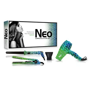 The Neo Choice 3 pcs Trio Ensemble complet complet avec 1.25 Redresseur de cheveux de pouce + 18-25mm Curling Fer + Mini Séchoir à cheveux (Peacock)