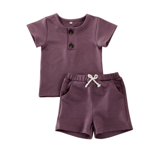 Baby Boy Girl 2PCS Outfits Short Sleeve Button Tee Shirt Drawstring Shorts Pants Casual Clothes Set
