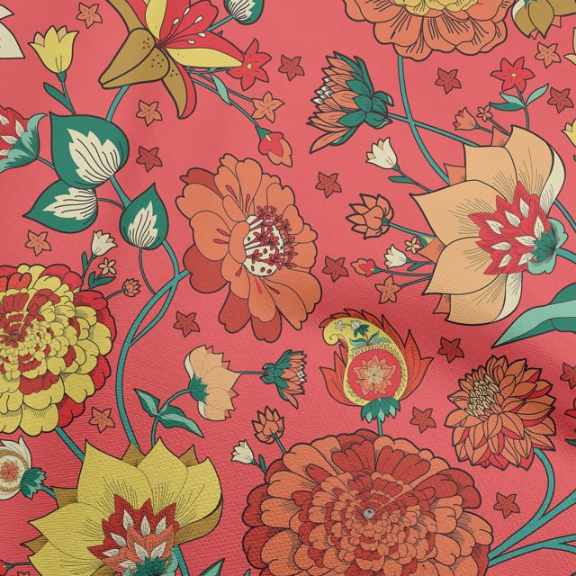 oneOone Polyester Spandex Red Fabric Asian Chinese Flower Sewing Craft Projects Fabric Prints By Yard 56 Inch Wide