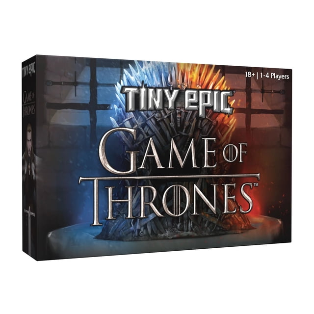 USAopoly Tiny Epic: Game of Thrones board game box featuring the Iron Throne with swords lit by blue and orange light, designed for 1-4 players aged 18 and up, highlighting strategic gameplay in a dark medieval setting.