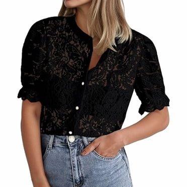 GPOECD Blouse en Dentelle à Col Rond pour Femme, Haut de Printemps-Été pour Tous les Jours, Chemise Décontractée Facile d'Entretien, Noir, TTG