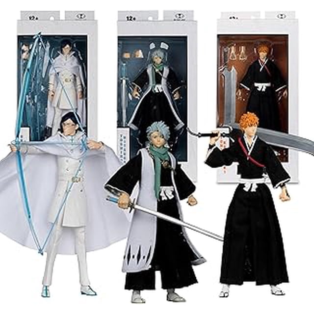 Assorted Anime and Video Games 7" Figures by Mcfarlane Toys showing three 7-inch articulated anime action figures with 22 articulation points, dressed in black and white outfits and holding swords, displayed with their packaging in the background, suitable for collectors and anime fans.