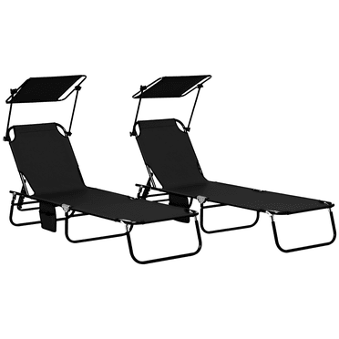 Outsunny Chaises Longues Pliantes - Ensemble de 2, Tissu Oxford, Dossier et Pare-Soleil Réglables, Noir