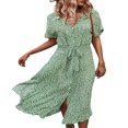 thumbnail image 2 of Femmes Bouton vers le Bas Midi Robe à Manches Courtes Imprimé Floral Ceinture en Vrac Robe Chemise Jaune M, 2 of 8