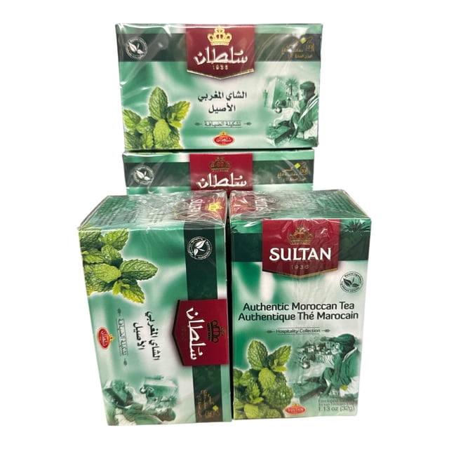 SULTAN Tisane Authentic Moroccan Green Tea with Mint - 5 Pack (20 Bags Each). The packaging showcases vibrant green tones with images of fresh mint leaves and Moroccan cultural motifs, reflecting the essence of Moroccan hospitality. Includes 100 double-chamber tea bags, perfect for energizing and refreshing moments.