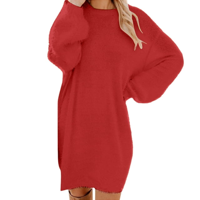 Dvkptbk Robes pour Femmes 2023 Décontractées à Col Rond Amples en Peluche Robes Mode à Manches Longues Mi-Mollet Midi Longues avec Rouge