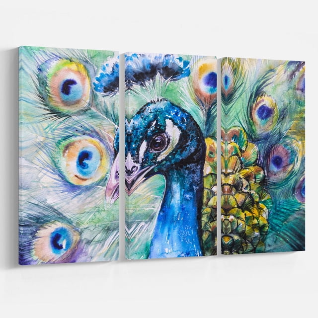 Design Art Belle Impression sur Toile Aquarelle de Paon Montrant une Toile de Triptyque Enveloppée pour Galerie avec une Tête de Paon Détaillée et des Plumes de Queue Colorées dans des Tons Bleu, Vert et Jaune, Imprimée sur Toile de Coton de Qualité Supérieure et Prête à Accrocher comme Art Mural pour la Déco de la Maison.