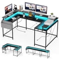 thumbnail image 2 of GloryStar U Shaped Home Office Desk, Reversible L Shaped Gaming Computer Desk with Power Outlets,126 Inch Computer Desk with Monitor Stand and LED Lights,Storage Shelves,Storage Bag and Hooks, 2 of 9