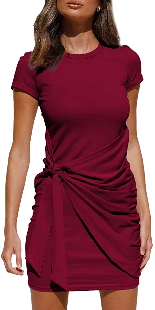 Robe T-Shirt d'Été pour Femme Décontractée à Manches Courtes 2021 Col Ras du Cou Moulante Froncée à Nouer à la Taille Mini Robes