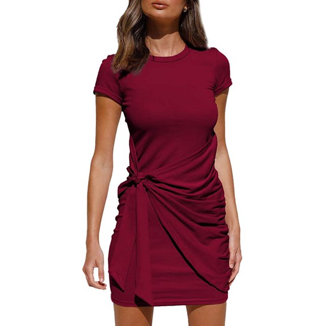 Robe T-Shirt d'Été pour Femme Décontractée à Manches Courtes 2021 Col Ras du Cou Moulante Froncée à Nouer à la Taille Mini Robes